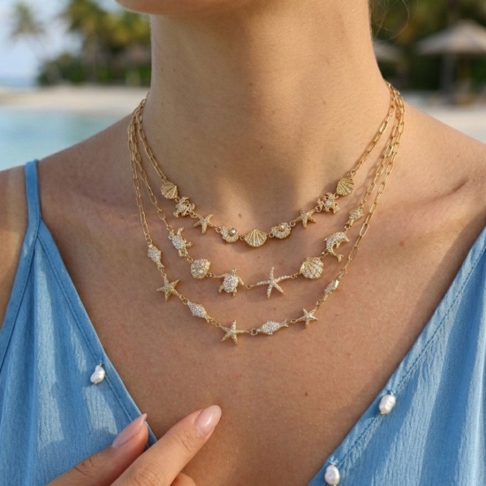 Picture of Wholesale Marine Animal Clear Cubic Zirconia Pendant Charm Necklace, 18K Real Gold Plated 304 Stainless Steel Paperclip Link Chain, Women's Eco-friendly PVD Ocean Jewelry Exquisite Gift Jewelry For Retailer, 40cm(15.7") + 5cm(2") long, 1 Piece