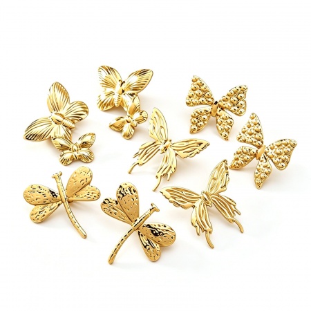 Immagine di Wholesale Insect Natural Pastoral Ear Post Stud Earrings, Butterfly Animal Dragonfly 18K Gold Plated 304 Stainless Steel, Women's Gift Jewelry Supply, 1 Pair