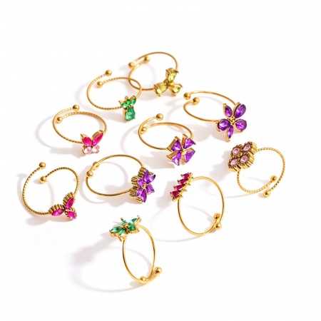 Immagine di Wholesale Women's Gift Flower Butterfly Multicolour Cubic Zirconia Open Adjustable Rings, 18K Gold Plated 304 Stainless Steel, Vacuum Plating Stylish Exquisite Jewelry Supply, 17.5mm(US size 7.25), 1 Piece