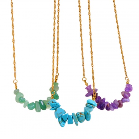 Immagine di Wholesale Chip Beads Natural Stone Pendant Charm Necklace, 18K Gold Plated 304 Stainless Steel Wave Twisted Chain, Women's Vacuum Plating Boho Chic Bohemia Stylish Gift Jewelry For Retailer, 40cm(15.7") + 5cm(2") long, 1 Piece