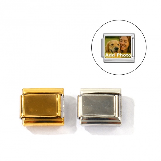 Picture of 10 PCs 304 Stainless Steel Custom Personalized Italian Charm Links For DIY Modular Bracelet Watch Jewelry Making Wholesale Rectangle Cabochon Settings 10mm x 9mm