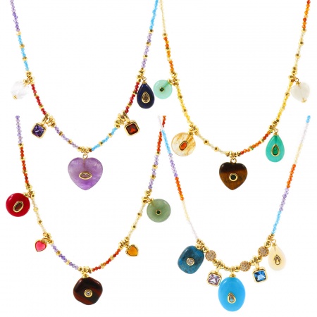 Изображение Wholesale Geometric Multicolor Natural Stone Pendant Charm Necklace, 18K Real Gold Plated Brass & Glass Beaded Chain, Eco-friendly Exquisite Retro Gift Jewelry For Retailer, 40cm(15.7") + 5cm(2") long, 1 Piece