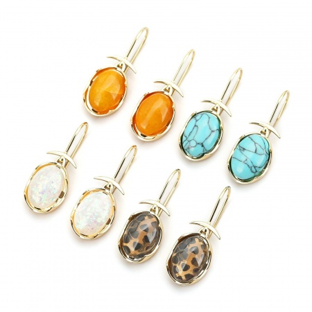 Picture of Wholesale Boho Chic Bohemia Stylish Earrings, Oval With Resin Cabochons 18K Gold Plated Brass, Women's Gift Jewelry Supply, 3.3cm x 1.2cm, 1 Pair