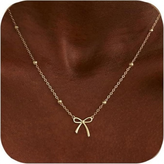 Picture of Wholesale Bowknot Pendant Charm Necklace, Multicolor 304 Stainless Steel Link Cable Chain, Women's Cute Stylish Gift Jewelry For Retailer, 45cm(17.7") + 5cm(2") long, 1 Piece