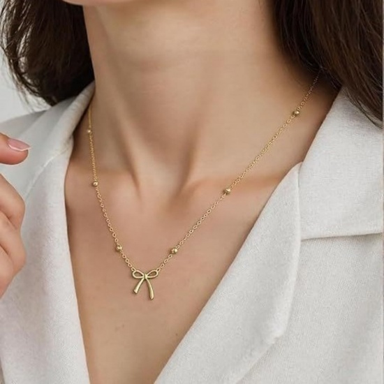 Picture of Wholesale Bowknot Pendant Charm Necklace, Multicolor 304 Stainless Steel Link Cable Chain, Women's Cute Stylish Gift Jewelry For Retailer, 45cm(17.7") + 5cm(2") long, 1 Piece