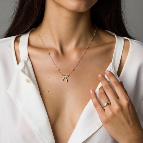 Picture of Wholesale Bowknot Pendant Charm Necklace, Multicolor 304 Stainless Steel Link Cable Chain, Women's Cute Stylish Gift Jewelry For Retailer, 45cm(17.7") + 5cm(2") long, 1 Piece