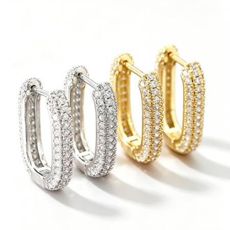 Picture of Wholesale Elegant Stylish Huggie Hoop Earrings, U Shaped Clear Cubic Zirconia Micro Pave Multicolor Brass, Women's Gift Jewelry Supply, 15.5mm x 9mm, 1 Pair