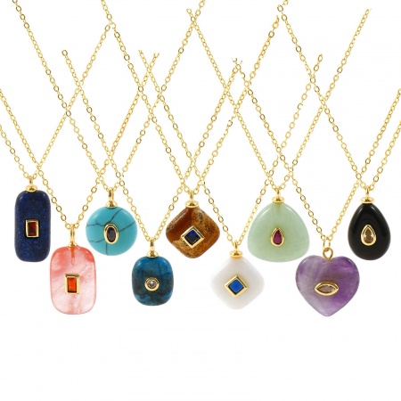 Picture of Wholesale Multicolor Natural Stone Pendant Charm Necklace, 18K Real Gold Plated Brass Link Cable Chain, Women's Eco-friendly Geometric Retro Gift Jewelry For Retailer, 46cm(18.1") + 6cm(2.4") long, 1 Piece