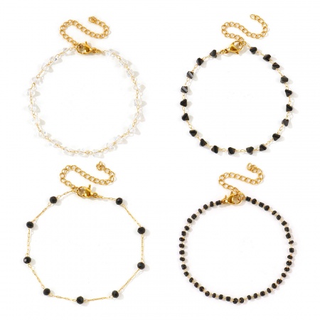 Picture of Wholesale 304 Stainless Steel & Glass Beaded Chain Bracelets, 18K Real Gold Plated Eco-friendly PVD Waterproof Anti-Tarnish Hypoallergenic, Women's Exquisite Stylish Gift Jewelry Supply, 17cm(6.7") + 5cm(2") long, 1 Piece