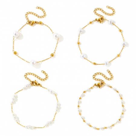 Picture of Wholesale Acrylic Imitation Pearl 304 Stainless Steel Beaded Chain Bracelets, Multicolor Eco-friendly, Women's Exquisite Stylish Gift Jewelry Supply, 17cm(6.7") + 5cm(2") long, 1 Piece