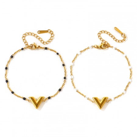 Picture of Wholesale V Shaped Enamel 304 Stainless Steel Link Cable Chain Bracelets, 18K Real Gold Plated Eco-friendly PVD Waterproof Anti-Tarnish Hypoallergenic, Women's Exquisite Stylish Gift Jewelry Supply, 17cm(6.7") + 5cm(2") long, 1 Piece
