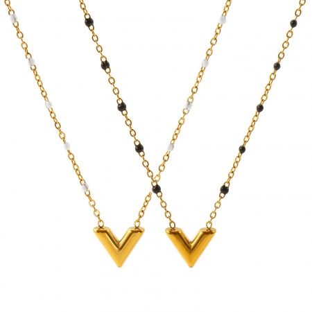 Picture of Wholesale V Shaped Enamel Pendant Charm Necklace, 18K Real Gold Plated 304 Stainless Steel Link Cable Chain, Women's Eco-friendly PVD Waterproof Anti-Tarnish Hypoallergenic Elegant Stylish Gift Jewelry For Retailer, 43cm(16.9") + 5cm(2") long, 1 Piece