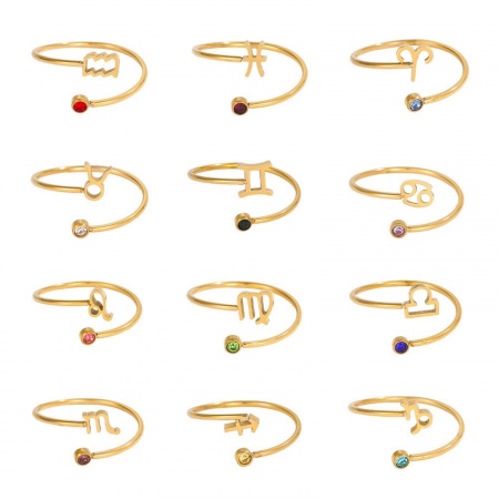 Image de Bagues En Gros Plaqué Or 18K en 304 Acier Inoxydable, aux Femmes Cadeau Constellation Pierre de Naissance Ouvert Ajoustable PVD Écologique Élégant Style Ins Fournitures de Bijoux 17mm (Taille d'US 6.5), 1 Pièce