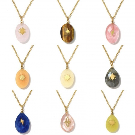 Picture of Wholesale Geometric Multicolor Synthetic Stone Pendant Charm Necklace, 18K Gold Plated 304 Stainless Steel Link Cable Chain, Women's Eco-friendly PVD Elegant Retro Gift Jewelry For Retailer, 40cm(15.7") + 5cm(2") long, 1 Piece