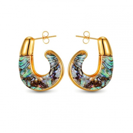 Picture of Wholesale Elegant Stylish Hoop Earrings, C Shaped 18K Gold Plated 304 Stainless Steel & Natural Shell, Women's Eco-friendly PVD Gift Jewelry Supply, 3cm x 2.4cm, 1 Pair