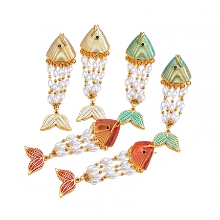 Picture of Wholesale Ocean Jewelry Stylish Earrings, Fish Animal Acrylic Imitation Pearl 18K Gold Plated 304 Stainless Steel, Women's Eco-friendly PVD Gift Jewelry Supply, 7.8cm x 2.3cm, 1 Pair