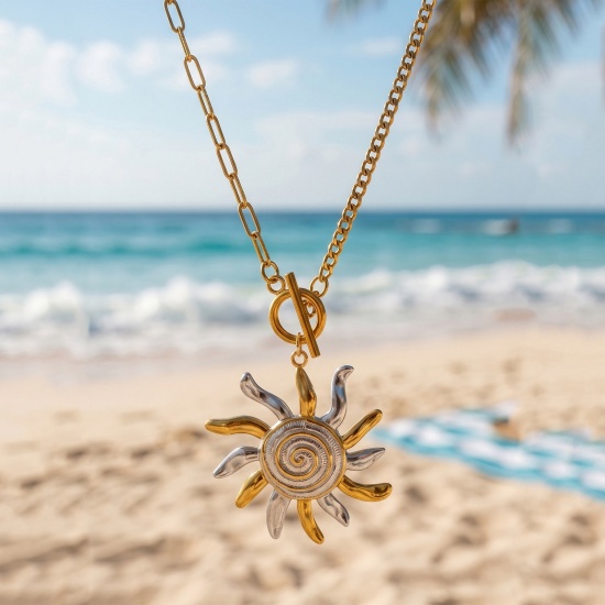 Picture of Wholesale Two Tone Pendant Charm Necklace, 18K Real Gold Plated & Silver Tone 304 Stainless Steel Paperclip Link Chain, Women's Eco-friendly PVD Waterproof Anti-Tarnish Hypoallergenic Stylish Gift Jewelry For Retailer, 47cm(18.5") long, 1 Piece