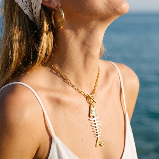 Picture of Wholesale Two Tone Pendant Charm Necklace, 18K Real Gold Plated & Silver Tone 304 Stainless Steel Paperclip Link Chain, Women's Eco-friendly PVD Waterproof Anti-Tarnish Hypoallergenic Stylish Gift Jewelry For Retailer, 47cm(18.5") long, 1 Piece