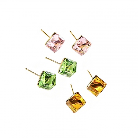 Picture of Wholesale Simple Stylish Ear Post Stud Earrings, Cube Multicolor Brass & Glass, Women's Gift Jewelry Supply, 6mm Dia., 1 Pair