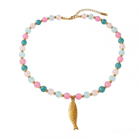 Picture of Wholesale Fish Animal Multicolor Pendant Charm Necklace, 18K Gold Plated 304 Stainless Steel & Glass Beaded Chain, Women's Eco-friendly PVD Stylish & Casual Natural Pastoral Gift Jewelry For Retailer, 40cm(15.7") + 7cm(2.8") long, 1 Piece