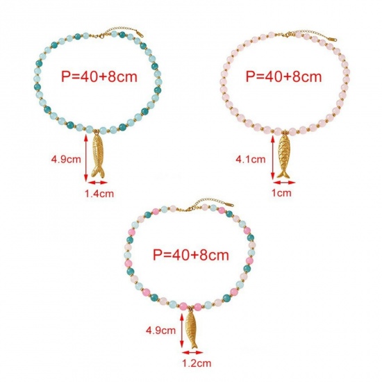 Picture of Wholesale Fish Animal Multicolor Pendant Charm Necklace, 18K Gold Plated 304 Stainless Steel & Glass Beaded Chain, Women's Eco-friendly PVD Stylish & Casual Natural Pastoral Gift Jewelry For Retailer, 40cm(15.7") + 7cm(2.8") long, 1 Piece
