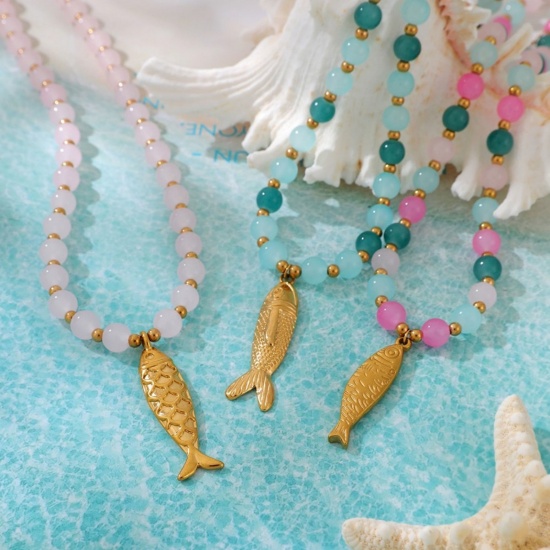Picture of Wholesale Fish Animal Multicolor Pendant Charm Necklace, 18K Gold Plated 304 Stainless Steel & Glass Beaded Chain, Women's Eco-friendly PVD Stylish & Casual Natural Pastoral Gift Jewelry For Retailer, 40cm(15.7") + 7cm(2.8") long, 1 Piece