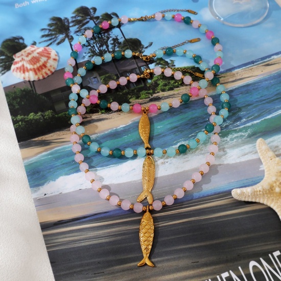 Picture of Wholesale Fish Animal Multicolor Pendant Charm Necklace, 18K Gold Plated 304 Stainless Steel & Glass Beaded Chain, Women's Eco-friendly PVD Stylish & Casual Natural Pastoral Gift Jewelry For Retailer, 40cm(15.7") + 7cm(2.8") long, 1 Piece