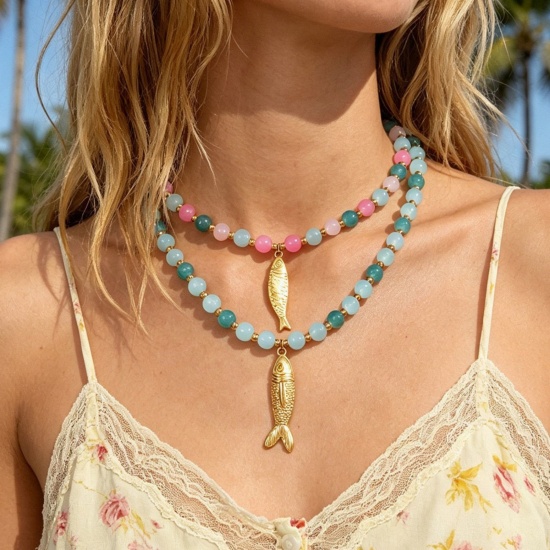 Picture of Wholesale Fish Animal Multicolor Pendant Charm Necklace, 18K Gold Plated 304 Stainless Steel & Glass Beaded Chain, Women's Eco-friendly PVD Stylish & Casual Natural Pastoral Gift Jewelry For Retailer, 40cm(15.7") + 7cm(2.8") long, 1 Piece