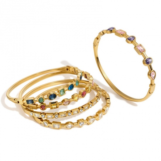 Picture of Wholesale 304 Stainless Steel & Cubic Zirconia Bangles Bracelets, 18K Gold Plated PVD, Women's Stylish & Casual Dainty Gift Jewelry Supply, 19.5cm(7 5/8") long, 1 Piece