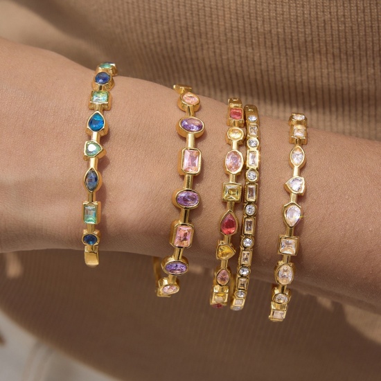 Picture of Wholesale 304 Stainless Steel & Cubic Zirconia Bangles Bracelets, 18K Gold Plated PVD, Women's Stylish & Casual Dainty Gift Jewelry Supply, 19.5cm(7 5/8") long, 1 Piece
