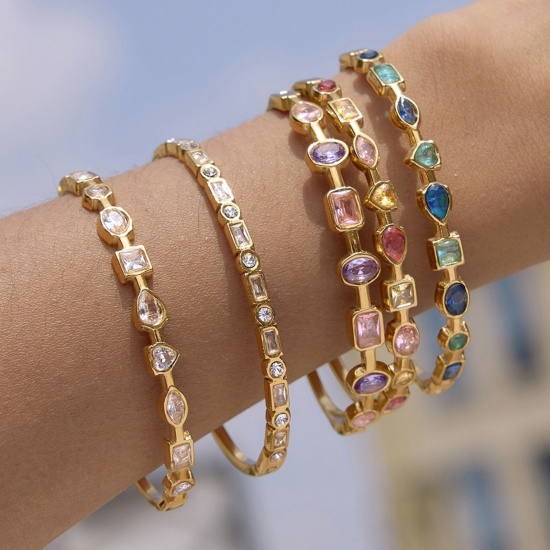 Picture of Wholesale 304 Stainless Steel & Cubic Zirconia Bangles Bracelets, 18K Gold Plated PVD, Women's Stylish & Casual Dainty Gift Jewelry Supply, 19.5cm(7 5/8") long, 1 Piece