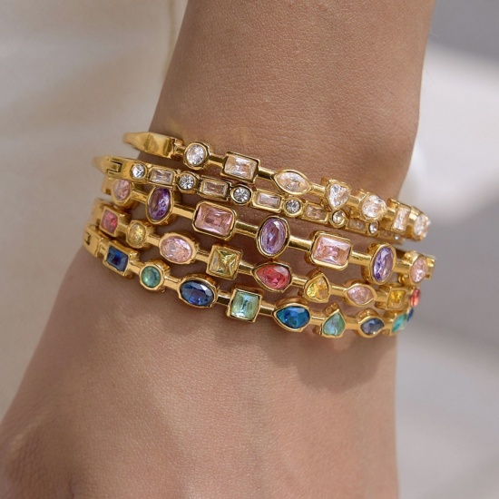 Picture of Wholesale 304 Stainless Steel & Cubic Zirconia Bangles Bracelets, 18K Gold Plated PVD, Women's Stylish & Casual Dainty Gift Jewelry Supply, 19.5cm(7 5/8") long, 1 Piece