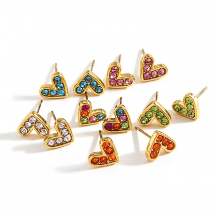 Picture of Wholesale Stylish & Casual Sweet & Cute Ear Post Stud Earrings, Heart 18K Gold Plated 304 Stainless Steel & Rhinestone, Women's Vacuum Plating Gift Jewelry Supply, 8mm x 9mm, 1 Pair