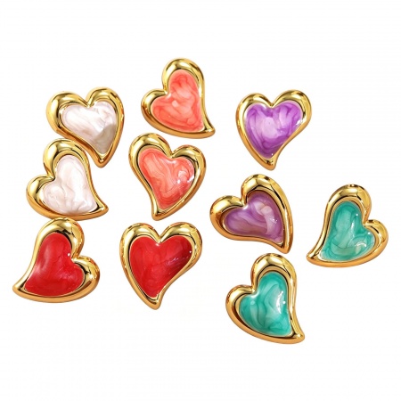 Picture of Wholesale Simple Stylish Ear Post Stud Earrings, Heart Enamel 18K Gold Plated 304 Stainless Steel, Women's Gift Jewelry Supply, 21.8mm x 20.7mm, 1 Pair
