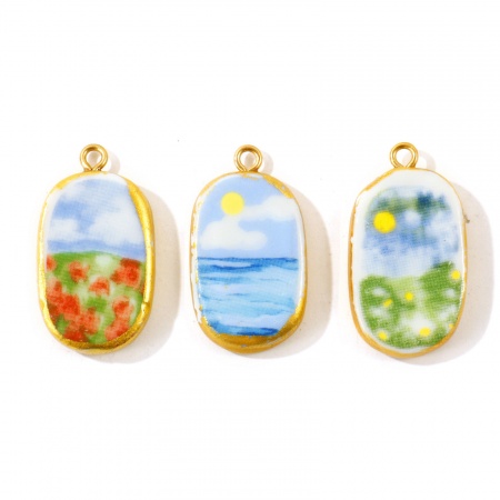 Image de 2 PCs Eco-friendly PVD Waterproof Anti-Tarnish Hypoallergenic 304 Stainless Steel Pendants Wholesale 18K Real Gold Plated Oval Printed 3cm x 1.6cm