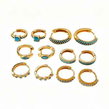 Picture of Wholesale Simple Retro Hoop Earrings, Blue Cubic Zirconia 18K Gold Plated Brass, Women's Gift Jewelry Supply, 1 Pair
