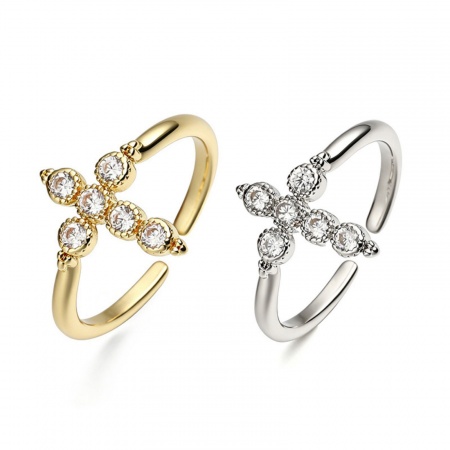 Picture of Wholesale Women's Gift Cross Clear Cubic Zirconia Open Adjustable Rings, Multicolor Brass, Religious Retro Jewelry Supply, 16.1mm(US Size 5.5), 1 Piece