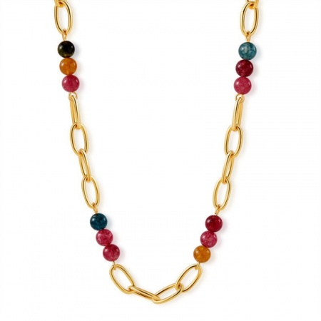 Picture of Wholesale Red Paperclip Link Chain Necklace, 18K Gold Plated Stone & Brass, Women's Boho Chic Bohemia Retro Gift Jewelry For Retailer, 52.5cm(20 5/8") long, 1 Piece