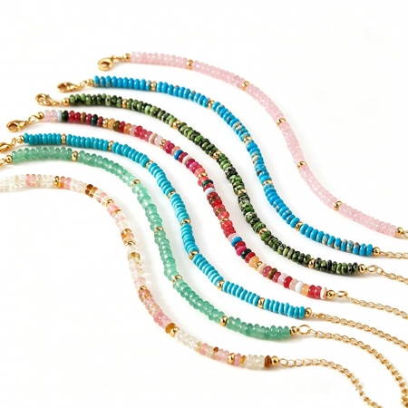 Picture of Wholesale Stone & Brass Beaded Chain Bracelets, 18K Gold Plated Women's Elegant Stylish Gift Jewelry Supply, 18cm(7.1") + 6cm(2.4") long, 1 Piece