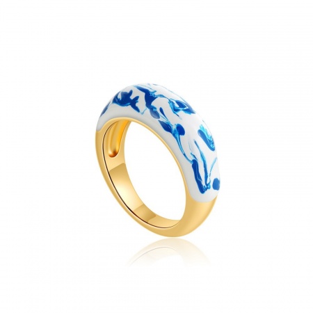 Picture of Wholesale Women's Gift Blue Enamel Rings, 18K Gold Plated Brass, Cloisonne Retro Jewelry Supply, 1 Piece