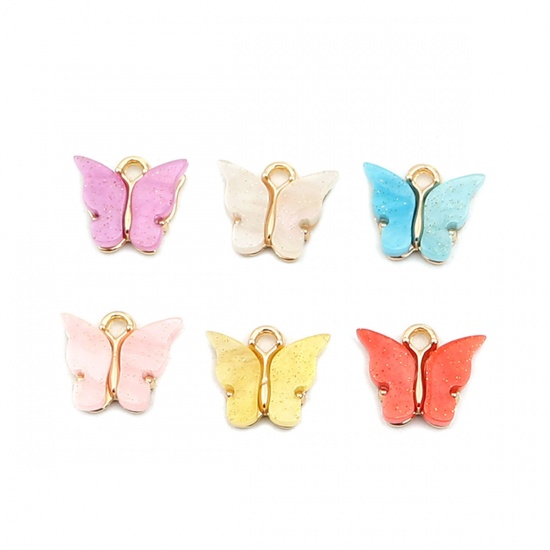 Изображение Zinc Based Alloy & Acrylic Insect Charms Butterfly Animal Gold Plated Red 15mm x 13mm, 10 PCs