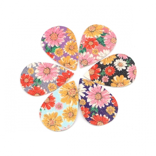 Image de Pendentifs en PU Goutte d'Eau Multicolore Fleurs de Soleil Brillant Paillettes 57mm x 37mm, 10 Pcs