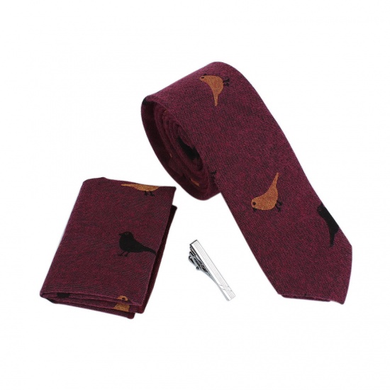 Изображение Cotton Pocket Square Handkerchief & Necktie & Tie Clip Set Bird Animal Wine Red 1 Set