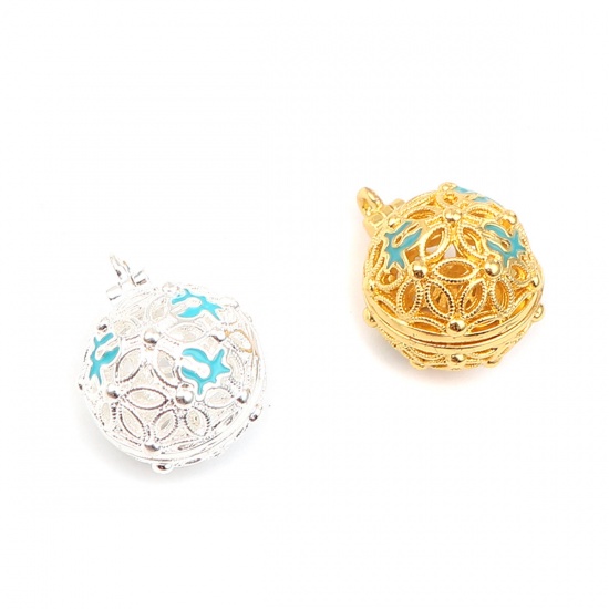 Immagine di Zinc Based Alloy Charms Mexican Angel Caller Bola Harmony Ball Wish Box Locket Flower Silver Plated Blue Can Open (Fits 10mm Beads) 20mm x 15mm, 2 PCs
