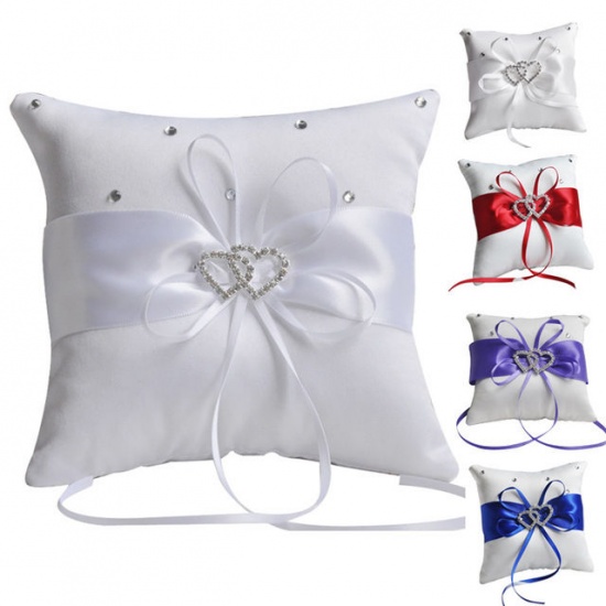 Picture of Polyester Wedding Ring Bearer Pillow Square White Heart Clear Rhinestone 20cm x 20cm , 1 Piece