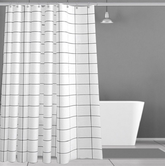 Picture of PEVA Shower Curtain Black & White Rectangle Grid Checker Mildew Waterproof 240cm x 180cm, 1 Piece