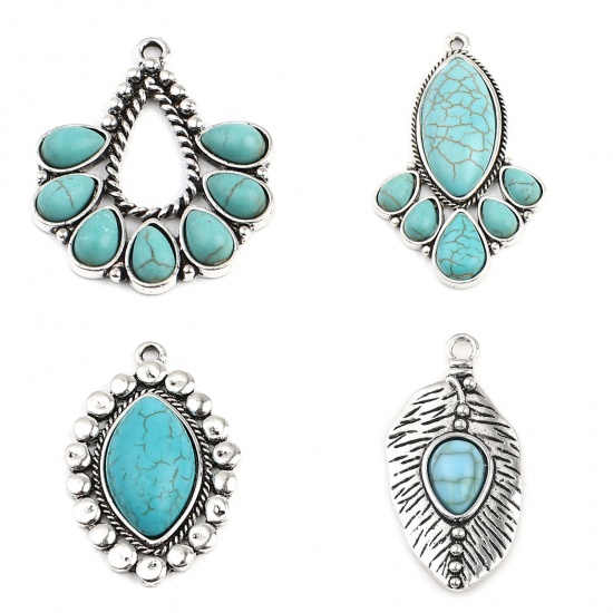 Picture of Zinc Based Alloy & Acrylic Boho Chic Bohemia Pendants Marquise Antique Silver Color Green Blue Imitation Turquoise 37mm x 24mm, 5 PCs