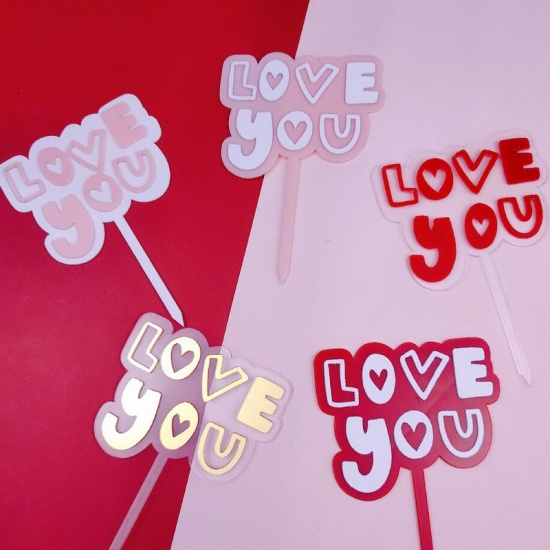 Picture of Acrylic Cupcake Picks Toppers White & Pink Message " I Love you " 11cm, 1 Piece
