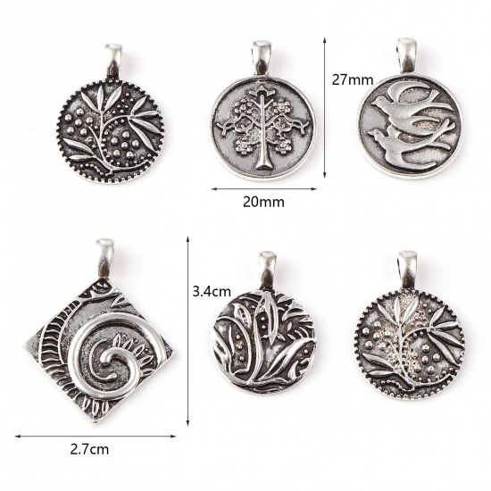 Picture of Zinc Based Alloy Charms Round Antique Silver Color Flower 27mm x 20mm, 10 PCs