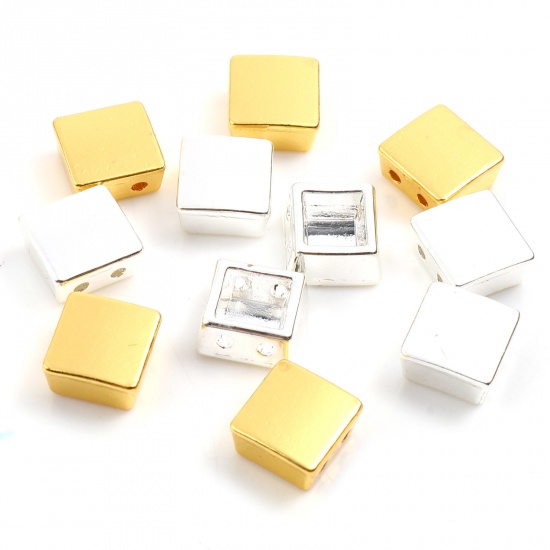 Picture of Zinc Based Alloy Spacer Beads Two Holes Square Silver Plated About 8mm x 8mm, Hole: Approx 1.3mm, 20 PCs